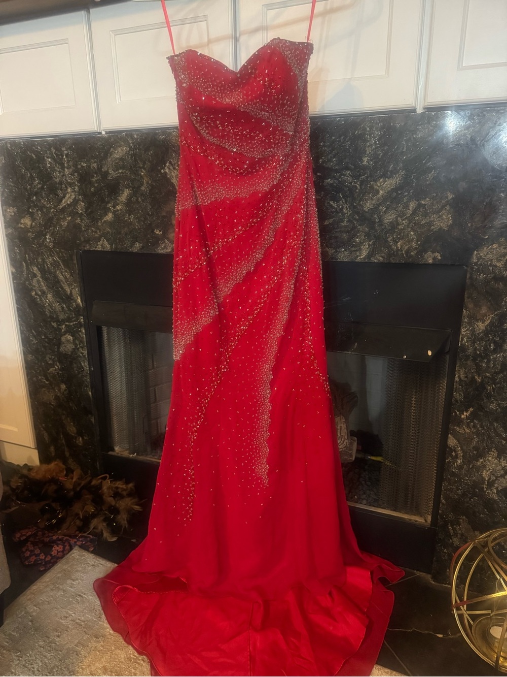 Rina Designs Red Beaded Sweetheart Prom Gown